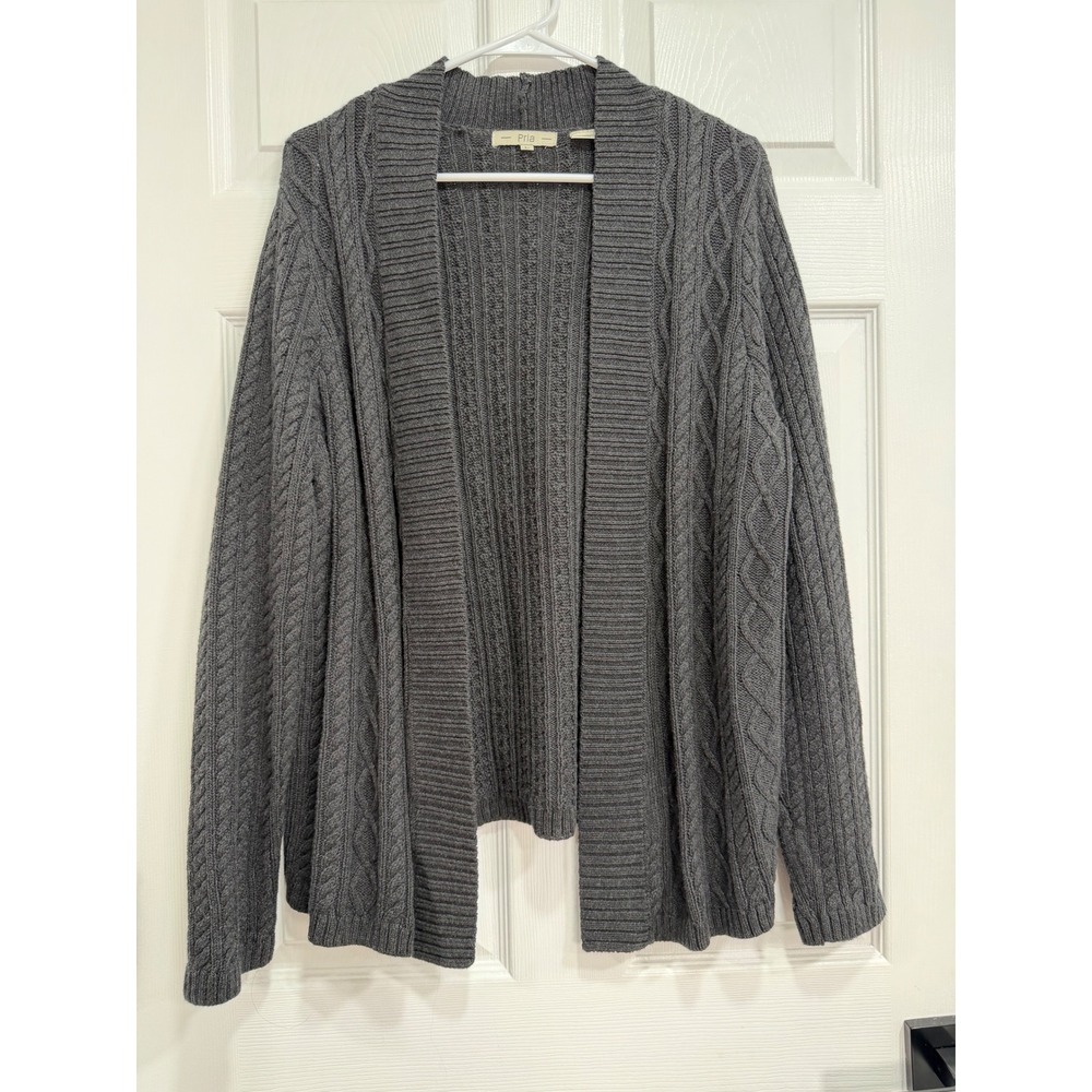 Pria Womens Charcoal Gray 100% Cotton Cable Knit Open Front Cardigan L
